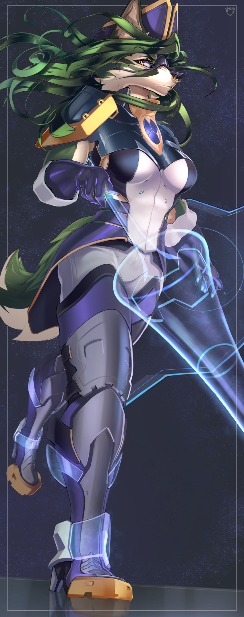 2021 absurd_res anthro bottomwear canid canine canis clothing dansyron digital_media_(artwork) female fur green_hair hair hat headgear headwear hi_res hologram mammal melee_weapon metal pants plantigrade solo space_pirate topwear weapon wolf
