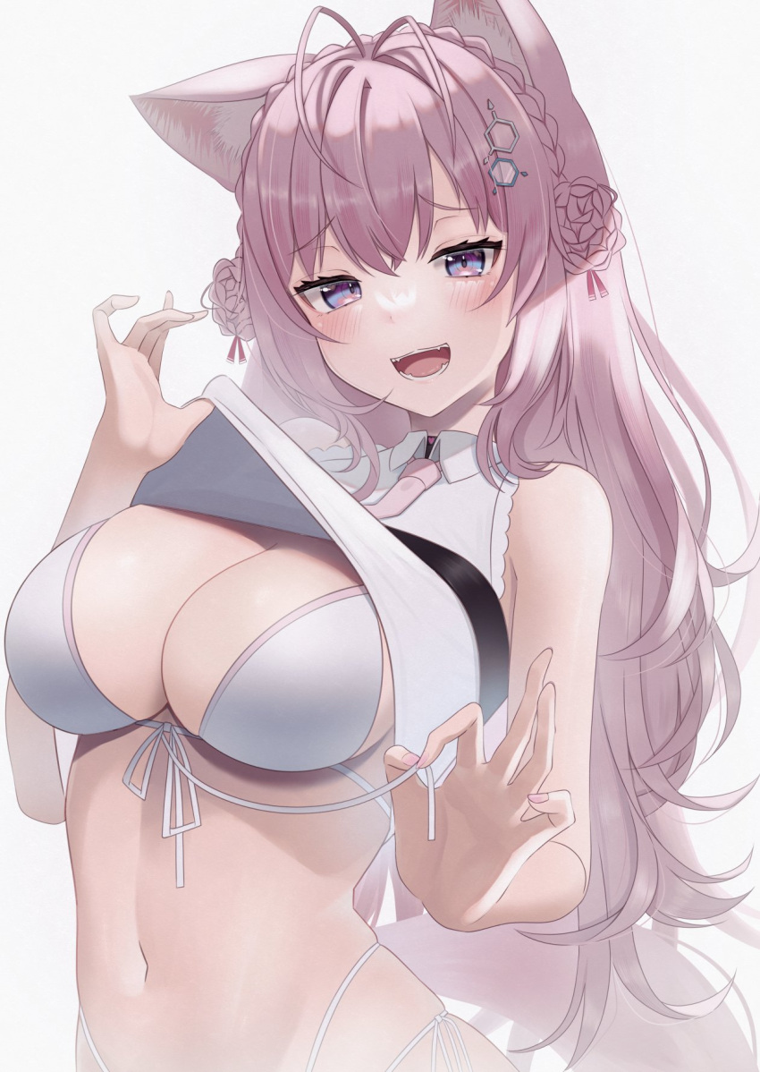 ahoge animal_ears blush braid breasts cleavage clothes_lift coyote_ears coyote_girl coyote_tail crown_braid hakui_koyori hexagon_hair_ornament highres hololive huge_breasts kachikachipiroo long_hair navel necktie open_mouth pink_necktie shirt_lift swimsuit very_long_hair virtual_youtuber