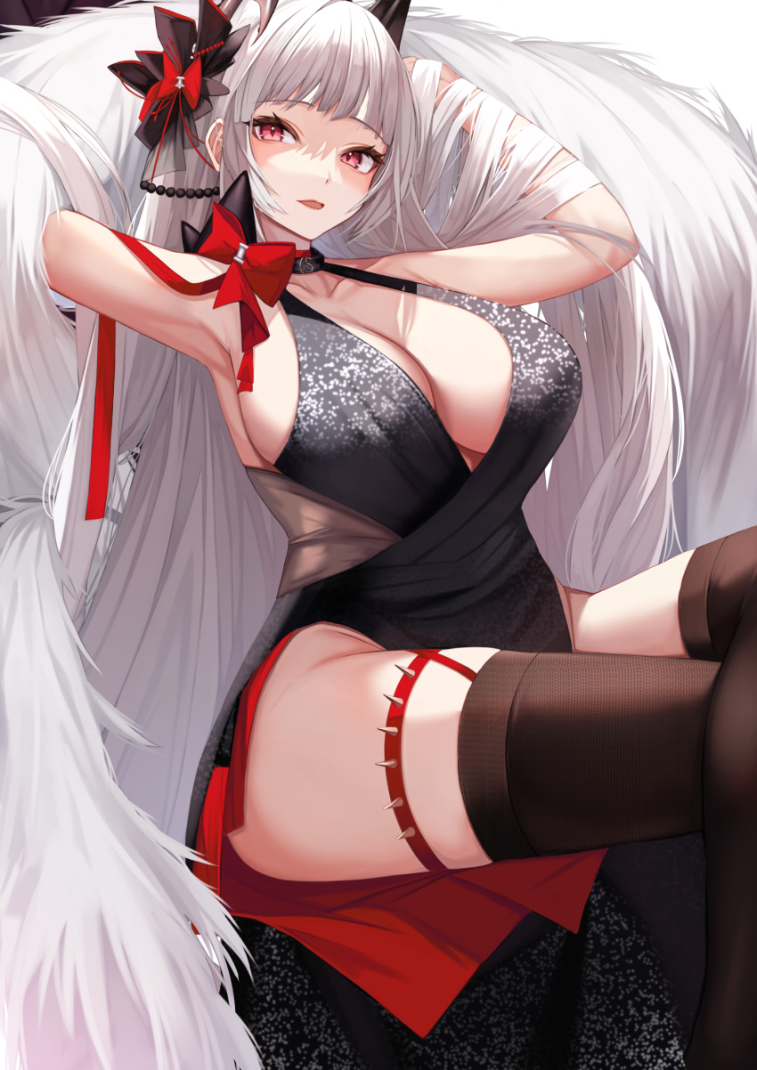 1girl armpits azur_lane bangs black_dress blunt_bangs blush breasts cleavage collarbone crossed_legs dress hair_ornament hands_in_hair highres kazuha_(saku_kn) large_breasts looking_at_viewer official_alternate_costume parted_lips pink_eyes red_eyes sideboob sitting thigh_strap thighhighs thighs white_hair yorck_(azur_lane) yorck_(breaker_under_the_blood_moon)_(azur_lane)