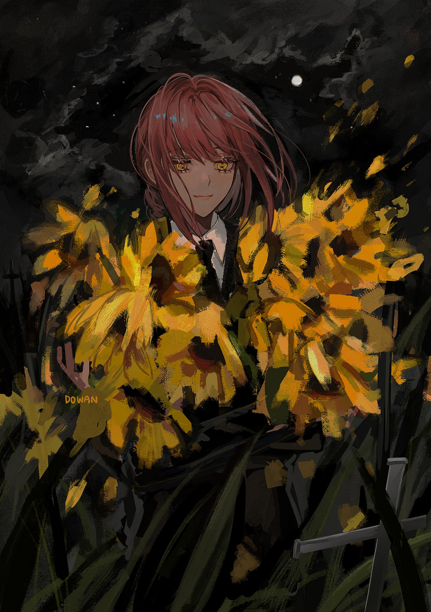 1girl absurdres artist_name black_necktie black_suit chainsaw_man cloud dowan_n flower formal grass grassy highres holding holding_flower long_hair looking_down makima_(chainsaw_man) moon necktie night red_hair ringed_eyes solo suit sunflower yellow_eyes yellow_flower