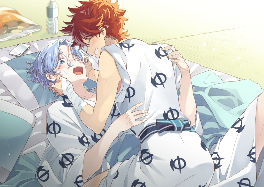 2boys blue_eyes blue_hair bottle cellphone chips closed_eyes food hasegawa_langa highres japanese_clothes kyan_reki male_focus mattress multiple_boys open_mouth phone pillow potato_chips red_hair short_hair sk8_the_infinity smartphone smile teeth uppi water_bottle yaoi