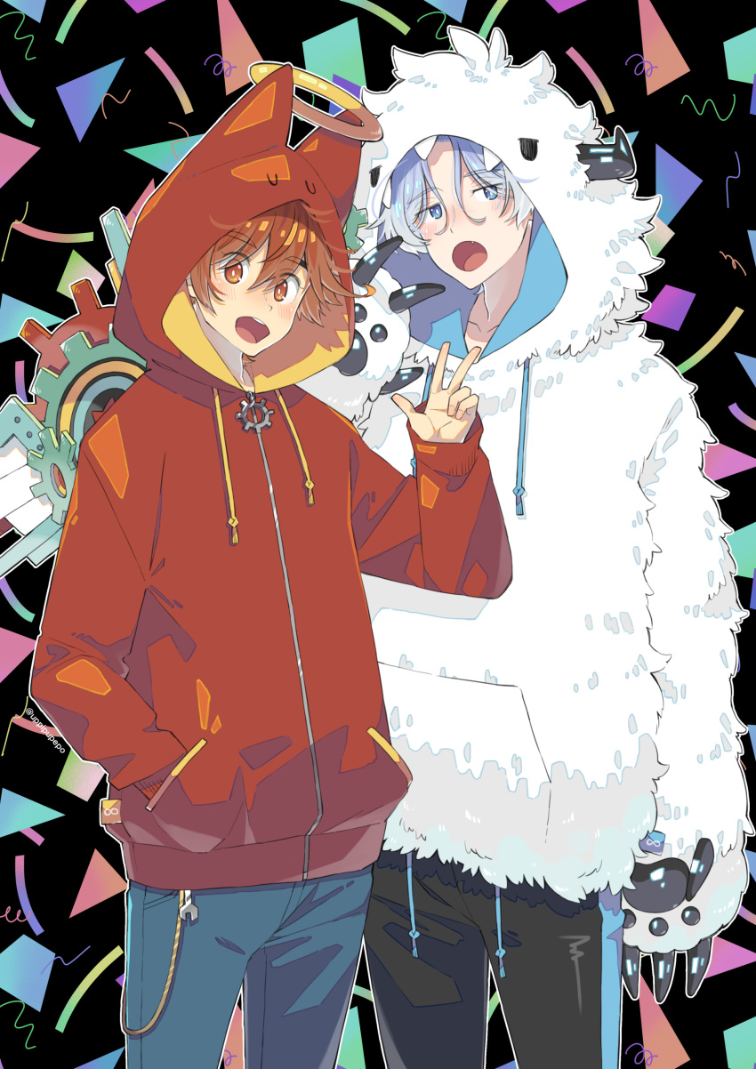 2boys absurdres baseball_bat blue_eyes blue_hair halo hasegawa_langa highres hood hoodie kyan_reki male_focus multiple_boys nail nail_bat open_mouth orange_eyes pants red_hair shirt short_hair simple_background sk8_the_infinity smile uppi v yeti_costume