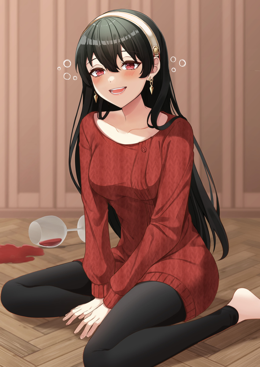 1girl :d absurdres alcohol bangs barefoot black_hair black_legwear blush breasts bubble collarbone cup dress drinking_glass drunk earrings eyebrows_visible_through_hair foot_out_of_frame gold_earrings hair_between_eyes hairband highres jewelry kuroyuki_0713 long_hair looking_at_viewer medium_breasts on_floor open_mouth own_hands_together pantyhose red_eyes red_sweater sitting smile solo spill spy_x_family straight_hair sweater sweater_dress teeth white_hairband wine wine_glass wooden_floor yor_briar