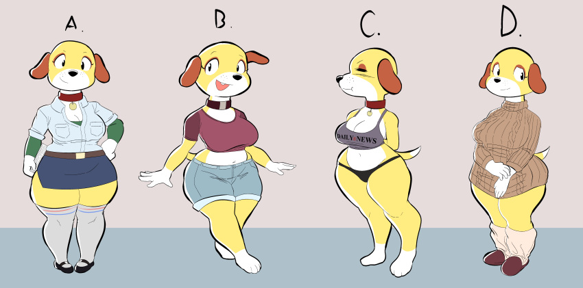 absurd_res anthro canid canine canis clothing collar domestic_dog embarrassed female footwear fur hi_res mammal martha_lorraine martha_speaks oversized_sweater shoes small_shirt socks solo thick_thighs toonarscontent wide_hips work_uniform yellow_body yellow_fur
