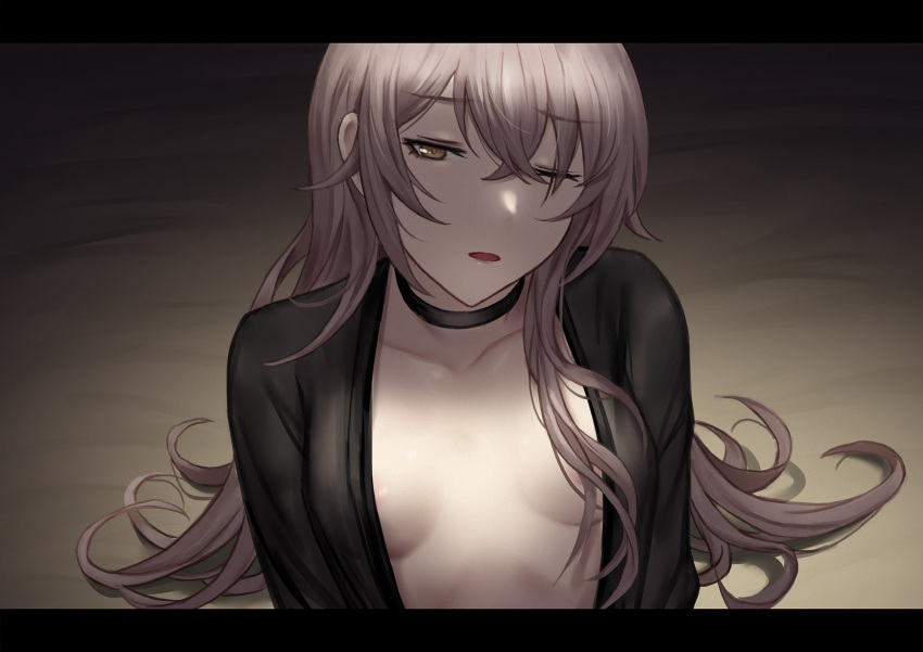 1girl areolae bangs black_choker breasts brown_eyes brown_hair chinese_commentary choker cleavage collarbone commentary commentary_request crossed_bangs eyebrows_visible_through_hair girls'_frontline hair_over_breasts hair_over_one_breast highres long_hair long_sleeves looking_at_viewer mixed-language_commentary one_eye_closed parted_lips scar scar_across_eye selcky small_breasts solo ump45_(girls'_frontline) upper_body
