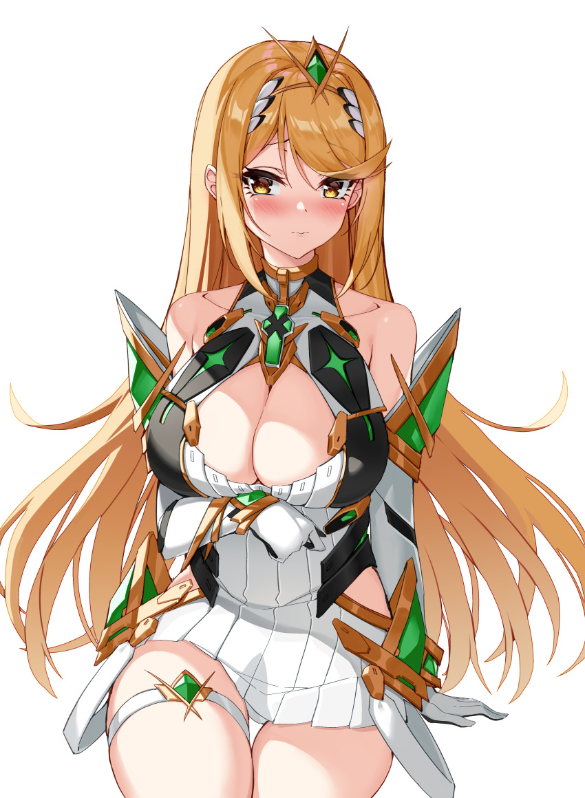 1girl absurdres arm_under_breasts bare_shoulders blonde_hair blush breasts circlet cleavage closed_mouth dress elbow_gloves gloves highres invisible_chair large_breasts leg_strap looking_at_viewer mythra_(xenoblade) panties sitting sleeveless sleeveless_dress solo thighs underwear white_background white_dress white_gloves white_panties xenoblade_chronicles_(series) xenoblade_chronicles_2 yellow_eyes yuxian_youka