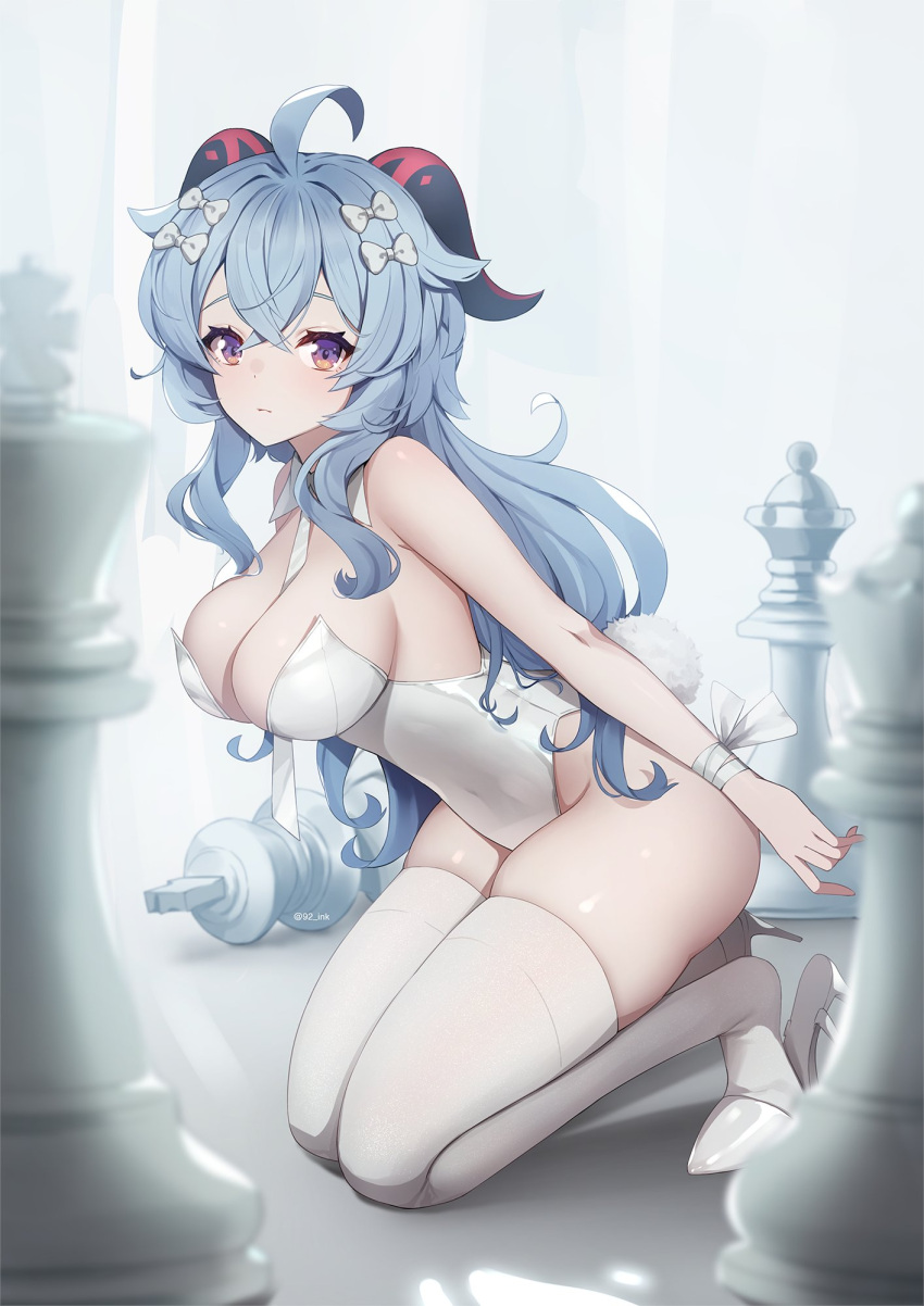 1girl ahoge ankkoyom bare_arms bare_shoulders blue_hair breasts chess_piece cleavage detached_collar fake_tail ganyu_(genshin_impact) genshin_impact goat_horns highleg highleg_leotard highres horns kneeling leotard long_hair looking_at_viewer medium_breasts playboy_bunny purple_eyes rabbit_tail skindentation solo strapless strapless_leotard tail thighhighs thighs white_legwear white_leotard white_theme