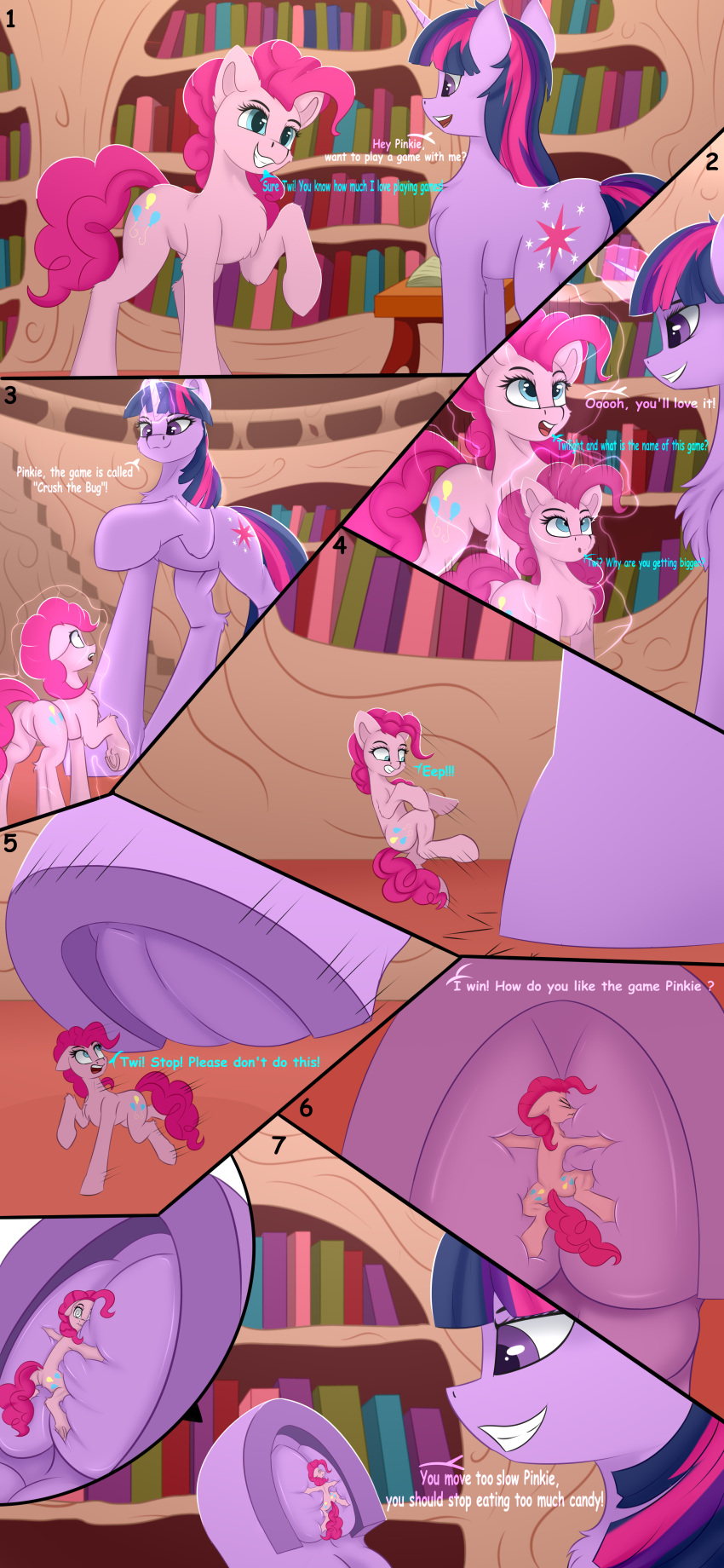 2022 absurd_res cutie_mark dialogue digital_media_(artwork) duo earth_pony english_text equid equine eyelashes female feral friendship_is_magic grin hasbro hi_res hooves horse leon_zi mammal micro my_little_pony pinkie_pie_(mlp) pony purple_eyes shrinking size_transformation smile stomping text transformation twilight_sparkle_(mlp) underhoof