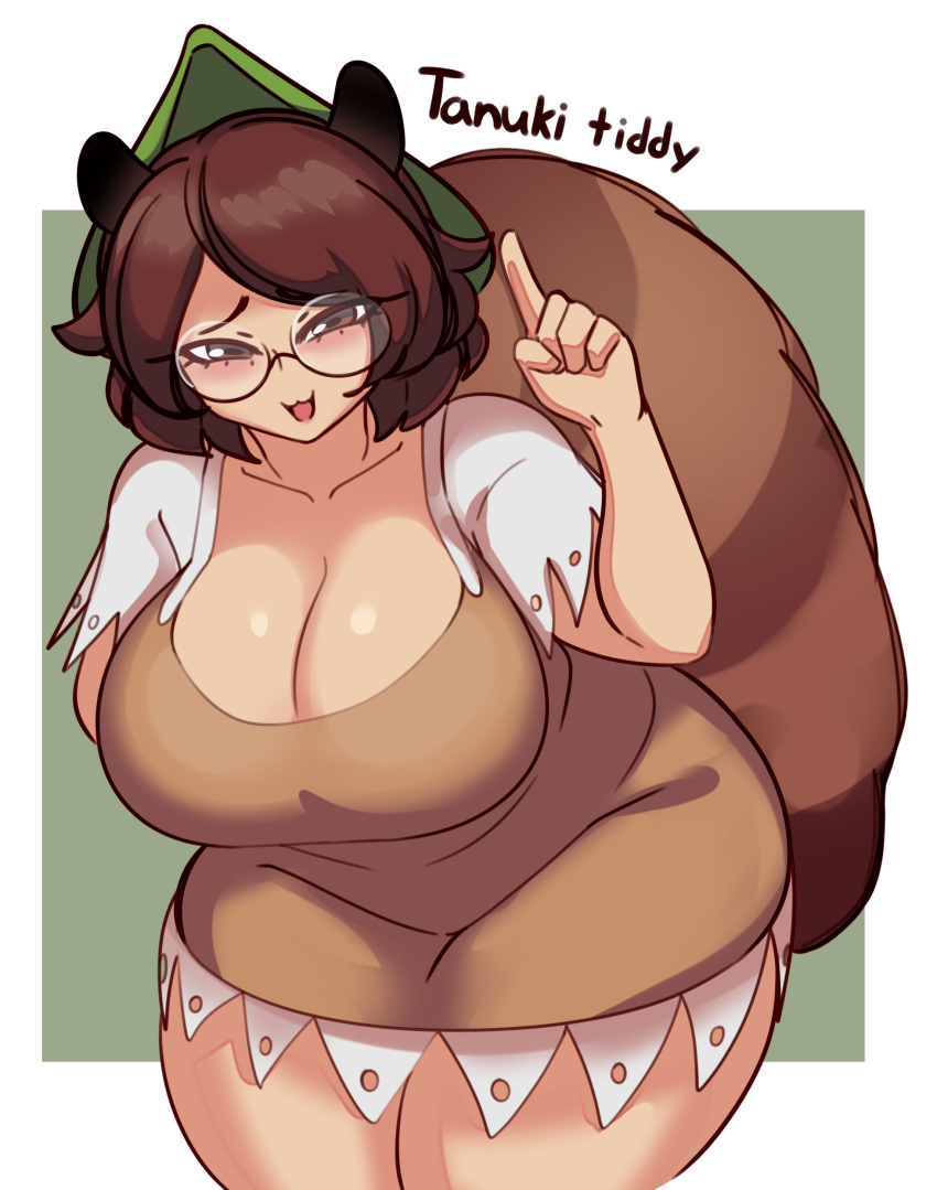 5_fingers absurd_res animal_humanoid big_breasts biped blush breasts brown_body brown_clothing brown_dress brown_ears brown_eyes brown_fur brown_hair brown_tail canid canid_humanoid canine canine_humanoid cleavage clothed clothing colored curvy_figure dialogue digital_media_(artwork) dress english_text eyewear female fingers fluffy fluffy_tail front_view fully_clothed fur glasses glistening glistening_body glistening_breasts glistening_skin green_clothing green_hat green_headwear hair hat headgear headwear hi_res huge_breasts humanoid humanoid_hands light_body light_skin looking_at_viewer mamizou_futatsuiwa mammal mammal_humanoid markings mature_female mature_humanoid monotone_ears monotone_hair multicolored_body multicolored_fur multicolored_tail nicecream open_mouth open_smile portrait ring_(marking) ringtail shaded short_hair simple_background smile solo standing tail_markings tanuki_humanoid text thick_thighs three-quarter_portrait touhou two_tone_body two_tone_fur two_tone_tail video_games voluptuous wide_hips