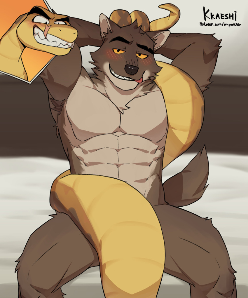 2022 absurd_res anthro biped blush bound brown_body brown_fur canid canine canis digital_media_(artwork) dreamworks duo fur gakujo grin hands_tied hi_res male male/male mammal mr._snake_(the_bad_guys) mr._wolf_(the_bad_guys) muscular muscular_anthro muscular_male reptile scalie smile snake tan_body tan_fur the_bad_guys wolf yellow_eyes