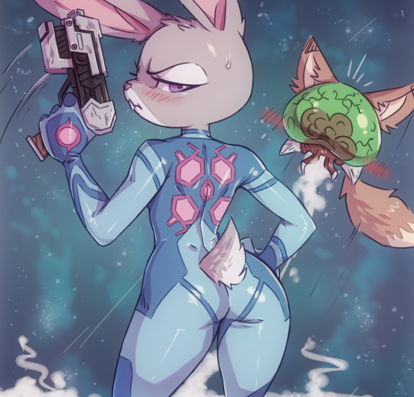 2022 absurd_res alien anthro blue_eyes blush bodily_fluids buckteeth butt disney female frown fur grey_body grey_fur gun half-closed_eyes hand_on_hip hi_res holding_gun holding_object holding_weapon judy_hopps lagomorph leporid looking_at_viewer mammal mcfli metroid metroid_(species) motion_lines narrowed_eyes nintendo pink_nose rabbit ranged_weapon rear_view samus_aran solo standing sweat sweatdrop teeth video_games weapon zero_suit zootopia