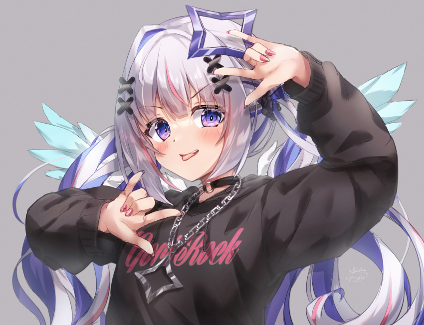 1girl :p \m/ absurdres amane_kanata angel_wings arm_up black_hoodie blue_eyes blue_hair blush breasts chain_necklace choker colored_inner_hair double_\m/ drawstring eyebrows_visible_through_hair grey_background grey_hair hair_ornament halo hand_up highres hololive hood hoodie long_hair looking_at_viewer multicolored_hair o-ring o-ring_choker pink_hair simple_background solo star_halo streaked_hair tongue tongue_out upper_body very_long_hair virtual_youtuber wings x_hair_ornament yukikawa_sara