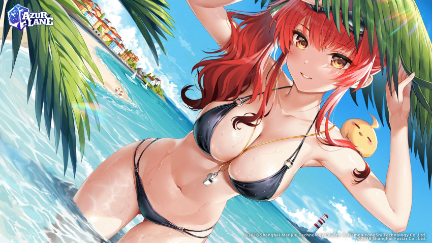 1girl armpits arms_up azur_lane beach bikini bird black_bikini breasts chick cleavage day dutch_angle goggles goggles_on_head grin halterneck highres jewelry large_breasts long_hair looking_at_viewer manjuu_(azur_lane) multi-strapped_bikini navel necklace o-ring o-ring_bikini ocean official_art orange_eyes outdoors parted_lips red_hair satchely side_ponytail smile solo standing stomach string_bikini swimsuit thighs wading water wet zara_(azur_lane) zara_(poolside_coincidence)_(azur_lane)