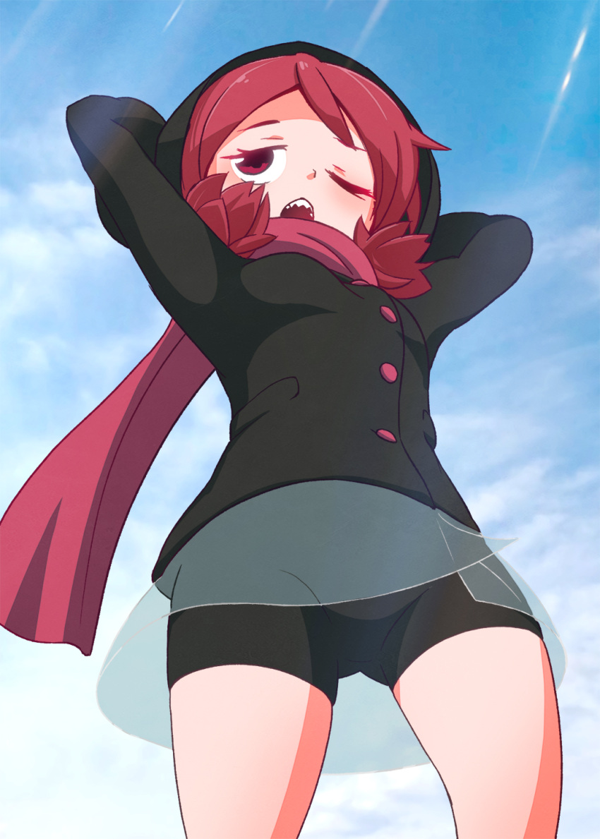 1girl arms_behind_head arms_up bike_shorts black_jacket blue_sky commentary_request day highres hood hood_up hooded_jacket jacket kemurikusa long_sleeves looking_away one_eye_closed open_mouth outdoors red_eyes red_hair red_scarf riku_(kemurikusa) sat-c scarf see-through see-through_skirt sharp_teeth skirt sky solo teeth wince