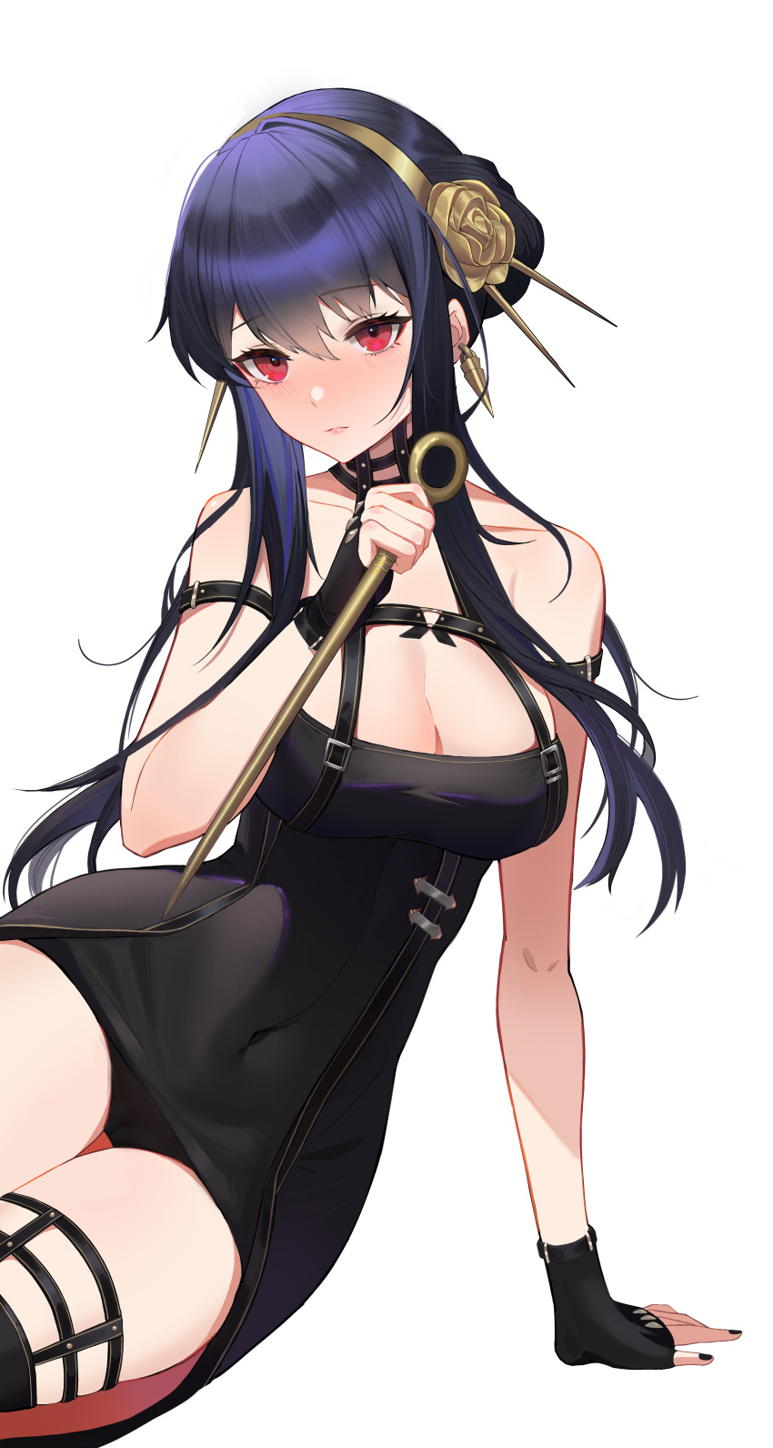 0x00000050 1girl absurdres arm_support bangs bare_shoulders black_dress black_gloves black_hair black_legwear blush breasts cleavage closed_mouth covered_navel dagger dress eyebrows_visible_through_hair fingerless_gloves flower gloves gold_hairband hair_bun hair_flower hair_ornament highres holding holding_dagger holding_weapon knife large_breasts leaning_to_the_side long_hair off-shoulder_dress off_shoulder red_eyes reverse_grip rose sidelocks simple_background sitting solo spikes spy_x_family taut_clothes taut_dress thighhighs two-sided_dress two-sided_fabric weapon white_background yor_briar