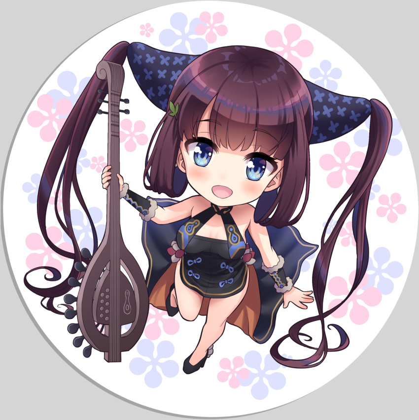 1girl bangs bare_shoulders black_dress blue_eyes blush breasts chibi china_dress chinese_clothes detached_sleeves dress fate/grand_order fate_(series) hair_ornament highres leaf_hair_ornament long_hair looking_at_viewer open_mouth pipa_(instrument) purple_hair side_slit sidelocks smile solo twintails very_long_hair yang_guifei_(fate) youshuu