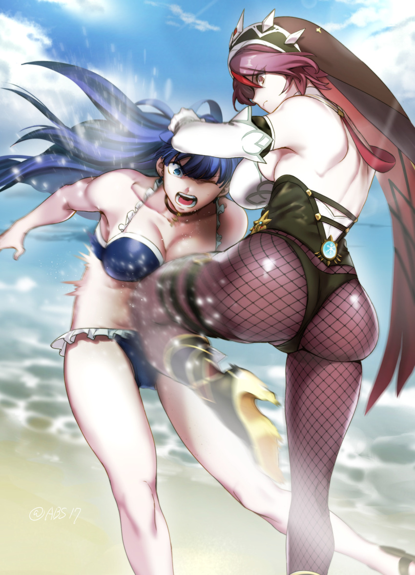 aoba_(smartbeat) ass back bangs bare_shoulders beach bikini black_bikini blue_eyes blue_sky blush breasts catfight choker cleavage collarbone cross cross_choker elbow_gloves fate/grand_order fate_(series) fishnet_legwear fishnets genshin_impact gloves habit hair_between_eyes highleg highleg_leotard highres jewelry large_breasts leotard long_hair martha_(fate) martha_(swimsuit_ruler)_(fate) multicolored_clothes multicolored_hair multicolored_headwear navel nun ocean pendant purple_eyes purple_hair purple_legwear red_hair rosaria_(genshin_impact) shore short_hair sky streaked_hair swimsuit thighs tiara vision_(genshin_impact) white_gloves