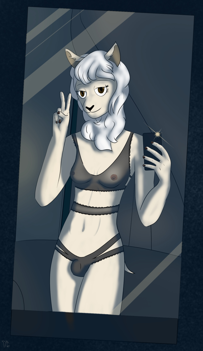 beastars bovid breasts bulge camera_flash caprine clothing dark_body dkside41 genitals gesture gynomorph hi_res intersex lingerie mammal mipples mirror navel phone sebun_(beastars) selfie sheep small_breasts smile solo standing translucent translucent_clothing v_sign