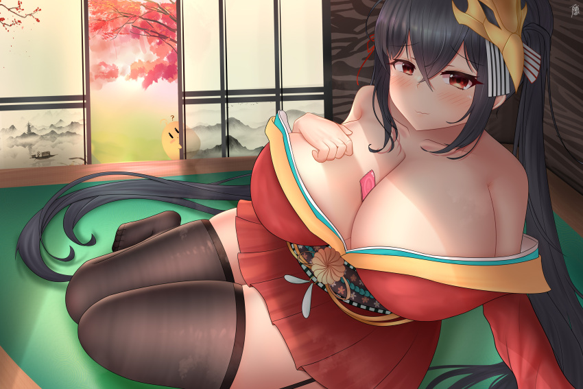 1girl absurdly_long_hair absurdres azur_lane bangs between_breasts black_hair breasts brown_legwear cleavage condom condom_between_breast condom_wrapper crossed_bangs day full_body gigantic_breasts hair_between_eyes hand_on_own_chest highres indoors japanese_clothes kimono laochen long_hair looking_at_viewer manjuu_(azur_lane) mask mask_on_head off-shoulder_kimono paper_wall peeking_out red_eyes red_kimono solo taihou_(azur_lane) thighhighs thighs very_long_hair