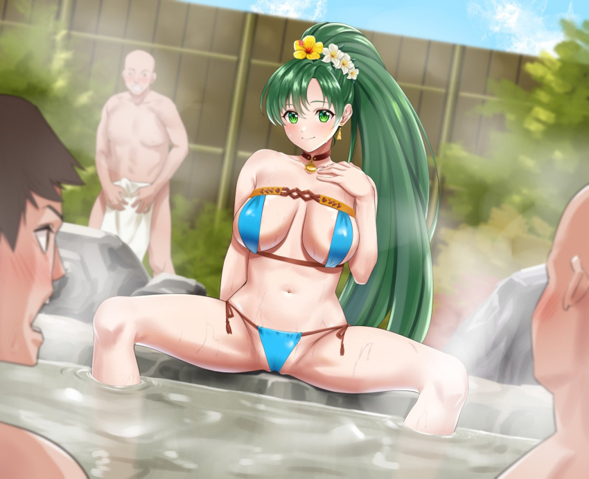 1girl 3boys areola_slip areolae bikini blush breasts check_commentary choker cloud commentary commentary_request commission covering covering_crotch day earrings fire_emblem fire_emblem:_the_blazing_blade fire_emblem_heroes flower fuooooo green_eyes green_hair groin hair_flower hair_ornament highres jewelry large_breasts long_hair lyn_(fire_emblem) lyn_(summer)_(fire_emblem) multiple_boys navel official_alternate_costume onsen outdoors ponytail side-tie_bikini skeb_commission sky smile spread_legs steam swimsuit teeth towel very_long_hair water wet
