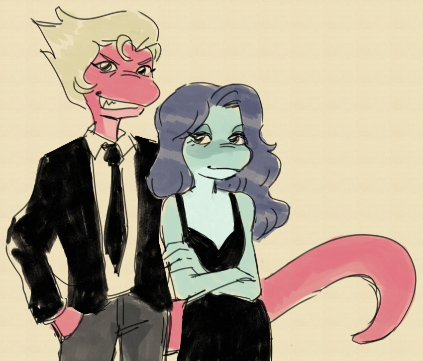 2022 amphibia_(series) amphibian anthro black_eyes blonde_hair blue_body blue_hair bow_tie clothing crossed_arms disney dress duo fangs female general_yunan hair half-closed_eyes hi_res lady_olivia long_hair long_tail looking_at_viewer narrowed_eyes newt salamander_(amphibian) short_hair sketch smile suit tiredumpling uniform