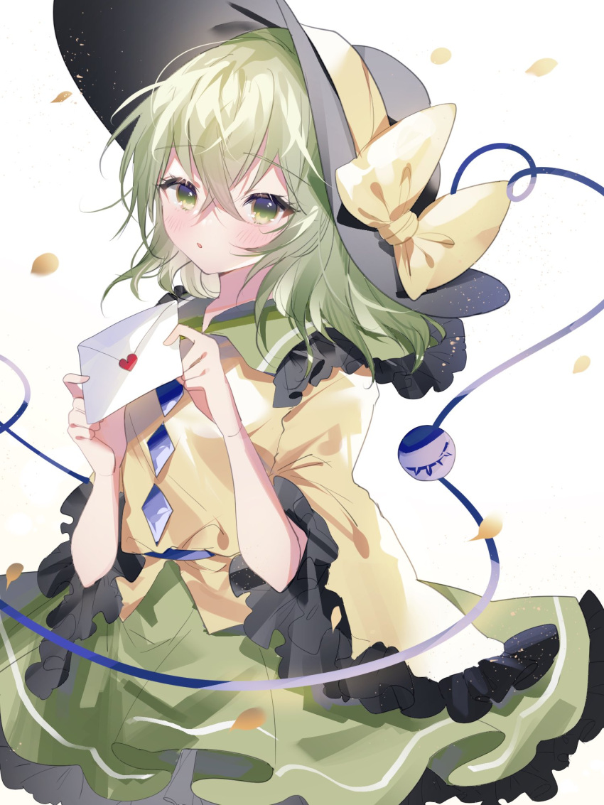 1girl black_headwear blush bow cowboy_shot eyebrows_visible_through_hair frilled_shirt_collar frilled_sleeves frills green_eyes green_hair green_skirt hair_between_eyes hat hat_bow heart highres holding komeiji_koishi letter long_sleeves looking_at_viewer love_letter parted_lips petals ribbon rose_petals shirt skirt solo sorani_(kaeru0768) third_eye touhou white_background wide_sleeves yellow_bow yellow_shirt