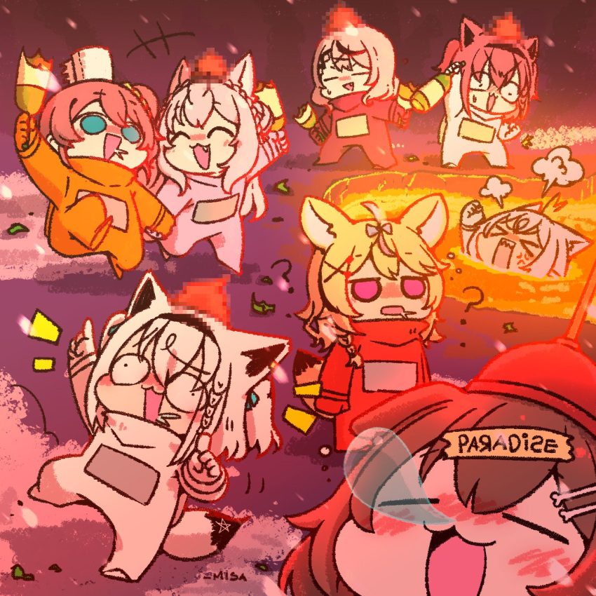 ? ahoge among_us anger_vein animal_ears bangs black_hair blonde_hair blue_eyes blush bottle braid braided_bun braided_ponytail broken_bottle cat_ears clenched_hand closed_eyes coyote_ears coyote_girl coyote_tail crewmate_(among_us) crown_braid dog_ears dog_girl dual_wielding fennec_fox fox_ears fox_girl fox_tail grey_hair hair_between_eyes hair_ornament hairband hairclip hakui_koyori heart heart_ahoge highres holding hololive inugami_korone long_hair medium_hair molten_rock multicolored_hair natsuiro_matsuri nose_bubble object_on_head omaru_polka one_side_up orange_(among_us) pentagram pink_(among_us) pink_hair plunger pointing pointing_up purple_(among_us) purple_eyes red_(among_us) sakamata_chloe sakura_miko shirakami_fubuki sleeping streaked_hair tail toilet_paper twintails wakatsuki_misato white_(among_us) white_hair yukihana_lamy