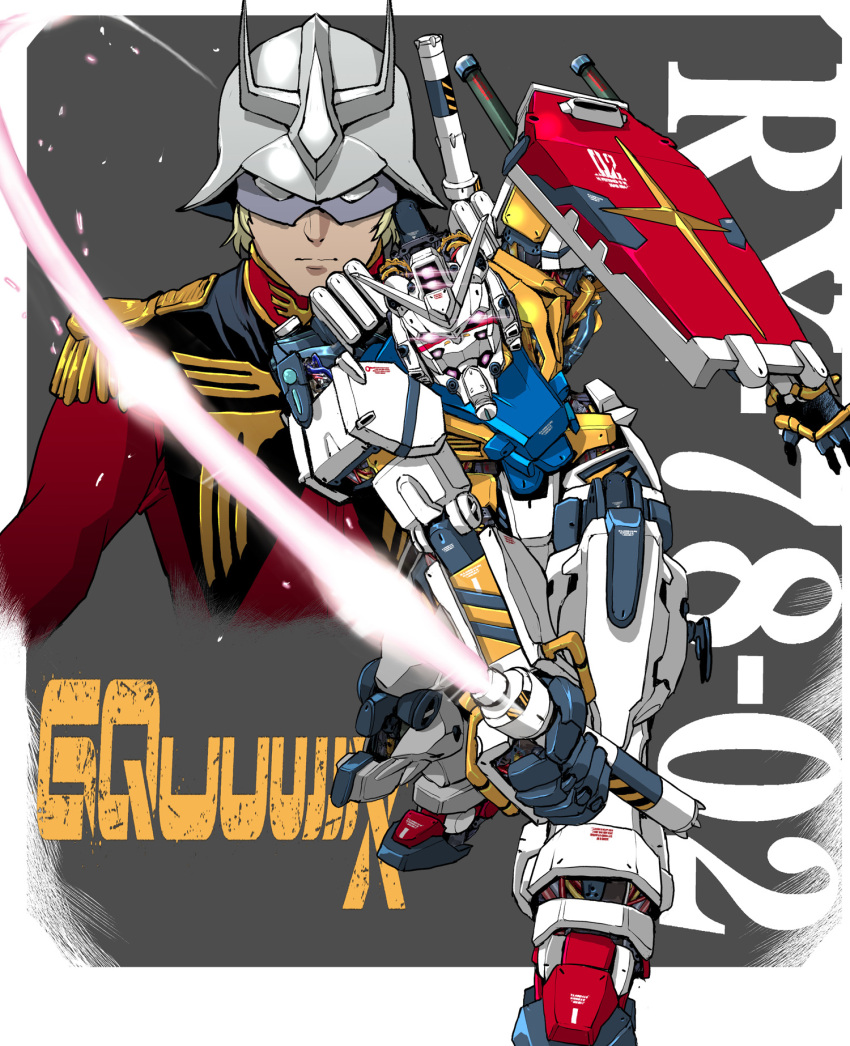 1boy blonde_hair char_aznable gundam gundam_gquuuuuux helmet highres long_sleeves looking_at_viewer male_focus mask mecha military military_uniform mobile_suit_gundam parody robot rx-78-2 science_fiction shield short_hair sword takuma_tomomasa weapon zeon