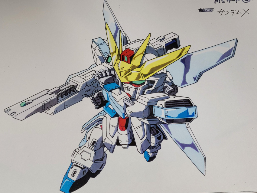 after_war_gundam_x chibi green_eyes gundam gundam_combat gundam_x highres looking_to_the_side mecha mobile_suit no_humans official_art science_fiction shoulder_cannon solo taiga_hiroyuki v-fin white_background