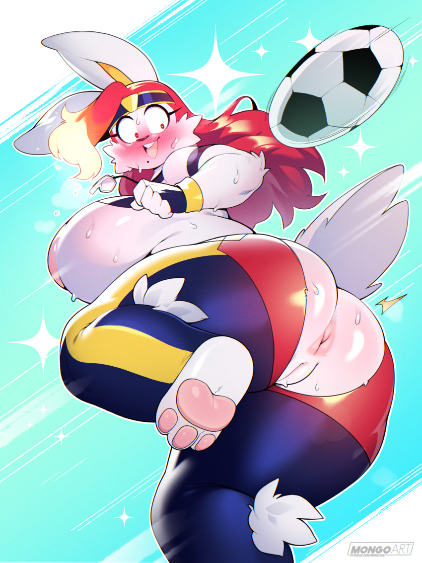 2022 3mangos alternate_version_at_source anthro anus ball bianca_(shootysyvleon) big_breasts big_butt blush bodily_fluids breasts butt cleft_of_venus clothed clothing female football_(ball) genitals hi_res huge_breasts huge_butt lagomorph leporid mammal peach_pussy pussy rabbit solo sweat torn_clothing video_games