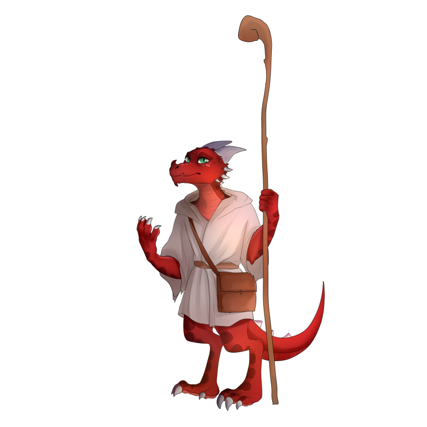1:1 absurd_res anthro biped claws clothed clothing d'ad_(birb_cafe) digital_media_(artwork) hi_res horn kasscabel kobold male mottled red_body red_scales scales solo staff video_games