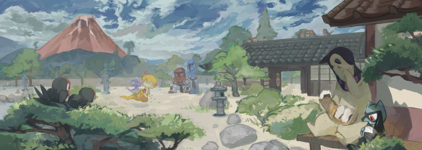 aomidori_iro architecture blue_sky brush_stroke commentary_request diglett east_asian_architecture faux_traditional_media fighting food highres hisuian_typhlosion holding mountainous_horizon no_humans oricorio oricorio_(sensu) outdoors pokemon pokemon_(creature) red_eyes riolu rock rooftop sawk scenery scraggy sky taillow throh tree volcano watching