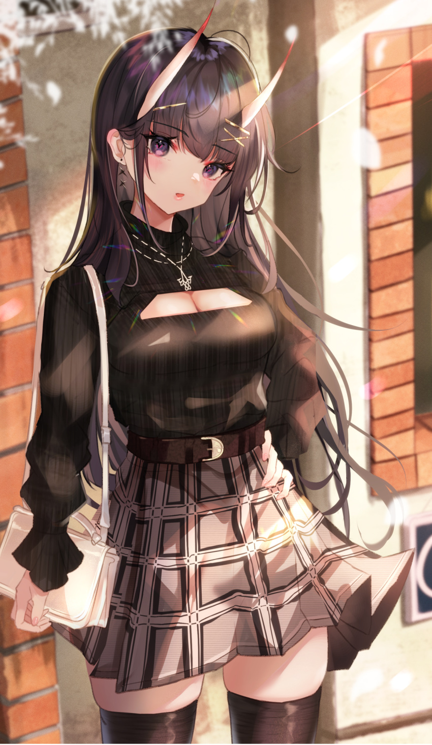 +_+ 1girl alternate_costume azur_lane bag belt black_legwear black_sweater breasts brown_belt casual cleavage cleavage_cutout clothing_cutout cowboy_shot day earrings highres holding holding_bag horns jewelry long_sleeves looking_at_viewer medium_breasts necklace noshiro_(azur_lane) oni_horns outdoors panipo petals plaid plaid_skirt pleated_skirt purple_eyes skindentation skirt solo sweater thighhighs white_bag white_skirt wind wind_lift zettai_ryouiki