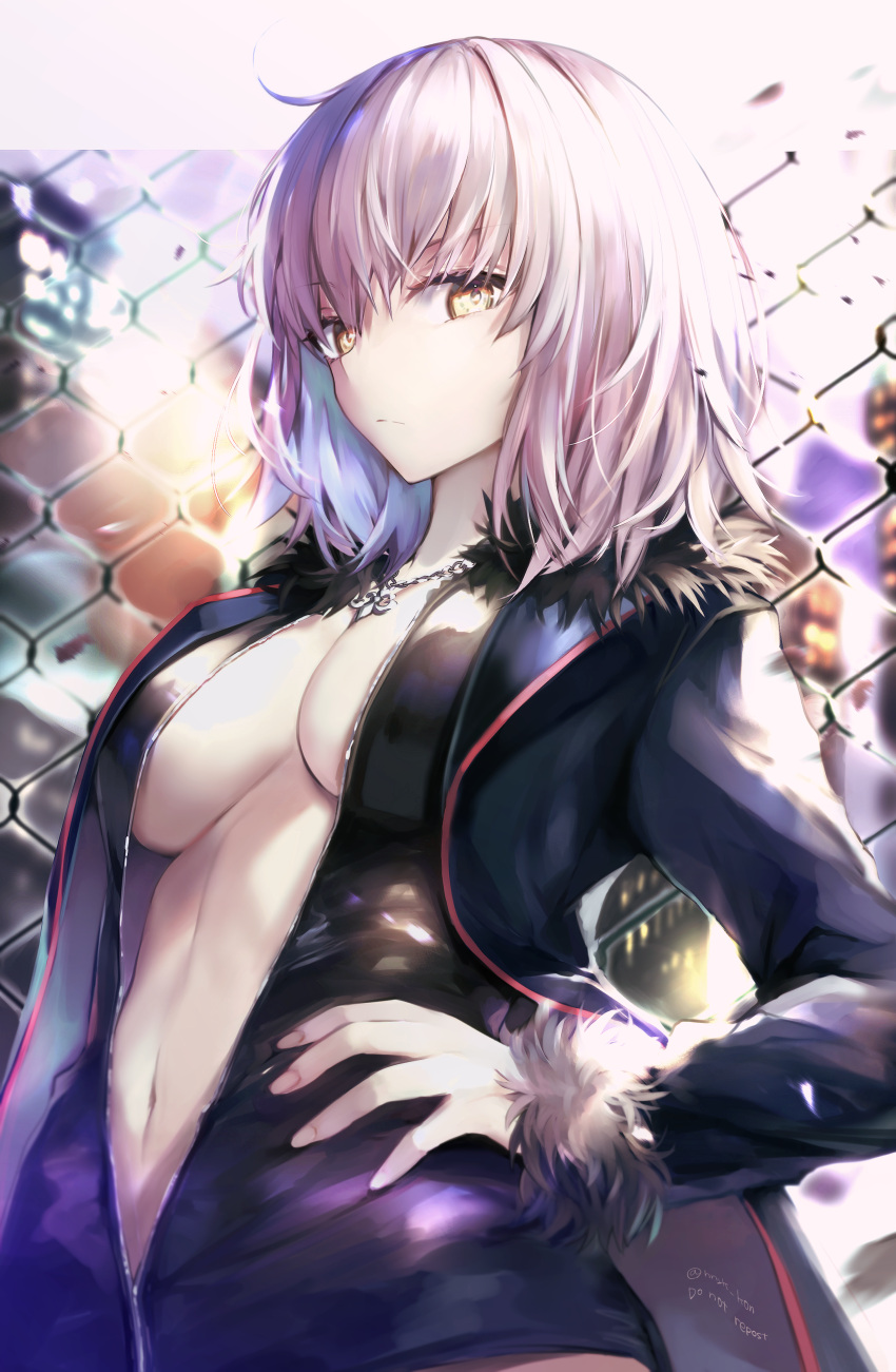 1girl absurdres ahoge bangs black_dress blue_coat breasts center_opening chain-link_fence cleavage closed_mouth coat dress fate/grand_order fate_(series) fence full-length_zipper fur-trimmed_coat fur_trim grey_hair hane_yuki highres jeanne_d'arc_alter_(fate) jeanne_d'arc_alter_(ver._shinjuku_1999)_(fate) large_breasts long_sleeves looking_at_viewer navel official_alternate_costume revision short_hair solo yellow_eyes zipper