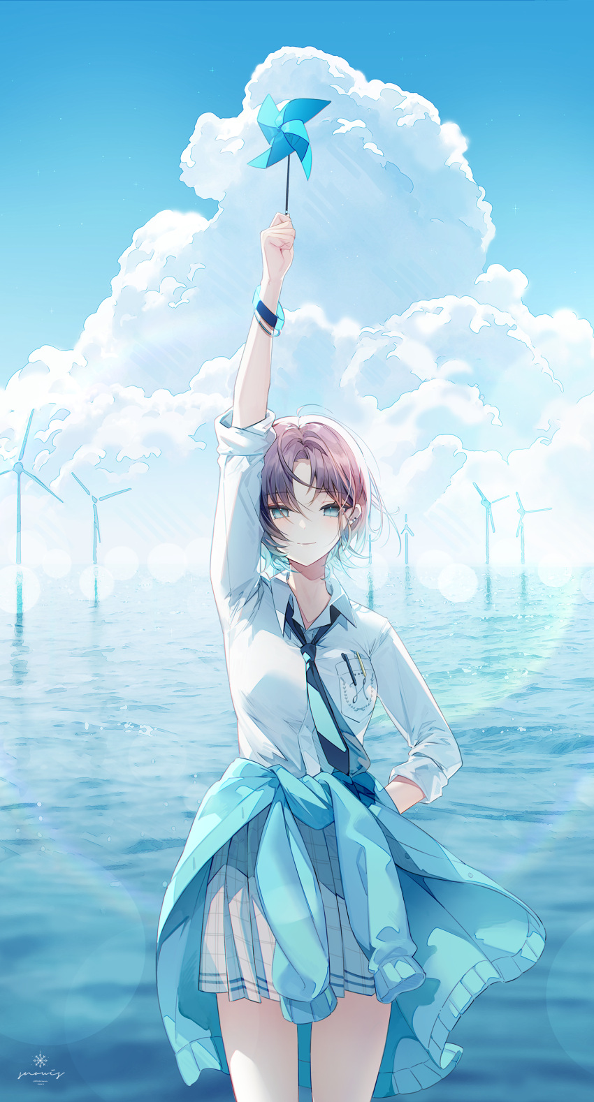 1girl absurdres ahoge aqua_eyes arm_behind_back arm_up asakura_toru bangs blue_hair blue_jacket blue_sky bracelet clothes_around_waist cloud cloudy_sky cowboy_shot cumulonimbus_cloud earrings gradient half-closed_eyes highres holding idolmaster idolmaster_shiny_colors jacket jacket_around_waist jewelry lens_flare light_smile looking_at_viewer multicolored_hair necktie ocean parted_bangs pinwheel plaid plaid_skirt pleated_skirt purple_hair school_uniform shirt short_hair skirt sky sleeves_rolled_up snow_is solo sweater sweater_around_waist water waves white_shirt wind_turbine windmill