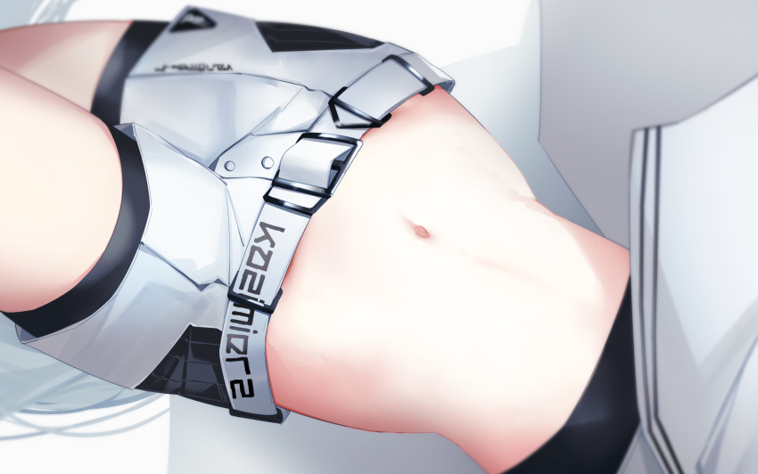 1girl ao_oni_(onioni-aoi) arknights bike_shorts bike_shorts_under_shorts black_shorts clothes_writing commentary_request crop_top head_out_of_frame highres lying midriff navel on_back partial_commentary platinum_(arknights) short_shorts shorts solo stomach thighs white_shorts