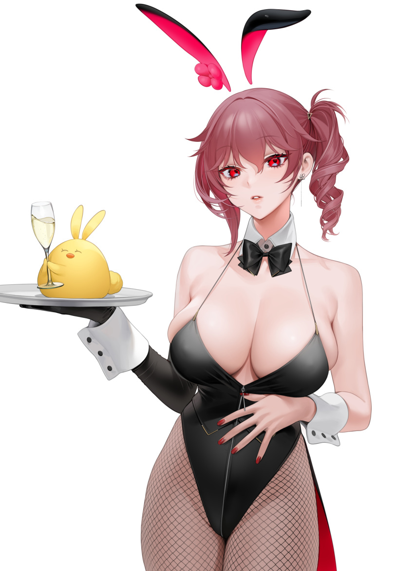 1girl absurdres alternate_costume animal_ears azur_lane bangs bare_shoulders bow bowtie breasts brown_hair champagne_flute cleavage commentary_request covered_nipples cup drill_hair drinking_glass duca_degli_abruzzi_(azur_lane) earrings elbow_gloves fingernails fishnet_legwear fishnets gloves highres holding holding_tray jewelry large_breasts looking_at_viewer manjuu_(azur_lane) nail_polish ohisashiburi pantyhose playboy_bunny rabbit_ears red_eyes red_nails side_drill side_ponytail simple_background single_glove skindentation solo tray white_background wrist_cuffs