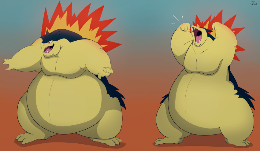 absurd_res anthro belly big_belly blue_hair duo feral fire hair hi_res male morbidly_obese nintendo obese ogretusks overweight pok&eacute;mon pok&eacute;mon_(species) simple_background typhlosion video_games yelling yellow_belly yellow_body