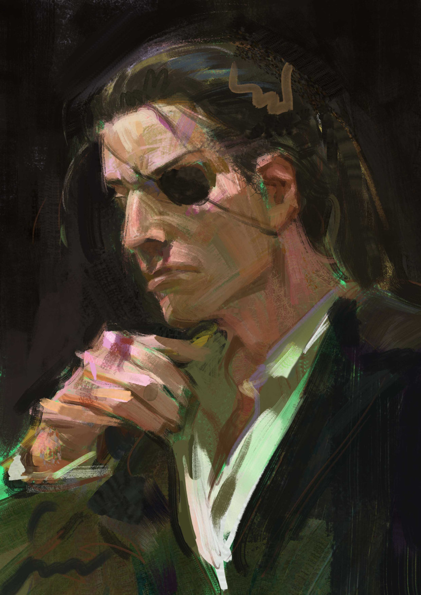 1boy absurdres black_background black_jacket blood blood_on_hands eternalgrayores expressionless eyepatch formal highres jacket long_hair majima_gorou male_focus oil_painting_(medium) one-eyed painting_(medium) profile protected_link ryuu_ga_gotoku ryuu_ga_gotoku_0 shirt traditional_media upper_body white_shirt yakuza