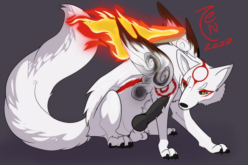 2022 amaterasu anatomically_correct anatomically_correct_genitalia anatomically_correct_penis animal_genitalia balls bedroom_eyes black_eyes black_nose black_penis brush canid canine canis capcom claws dated deity digital_media_(artwork) feral fire fluffy fluffy_tail fur genitals long_tail looking_at_viewer male mammal markings narrowed_eyes paws penis pupils red_body red_fur rubbing_penis seductive sheath signature simple_background sitting slit_pupils smile solo video_games weapon white_body white_fur wolf yellow_sclera zeniarmr ōkami