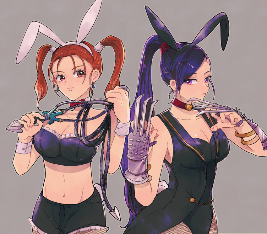 2girls animal_ears azuchi_(monica) bare_shoulders breasts cleavage closed_mouth crossover dragon_quest dragon_quest_viii dragon_quest_xi earrings highres jessica_albert jewelry large_breasts long_hair looking_at_viewer martina_(dq11) multiple_girls playboy_bunny ponytail purple_eyes purple_hair rabbit_ears simple_background twintails very_long_hair weapon