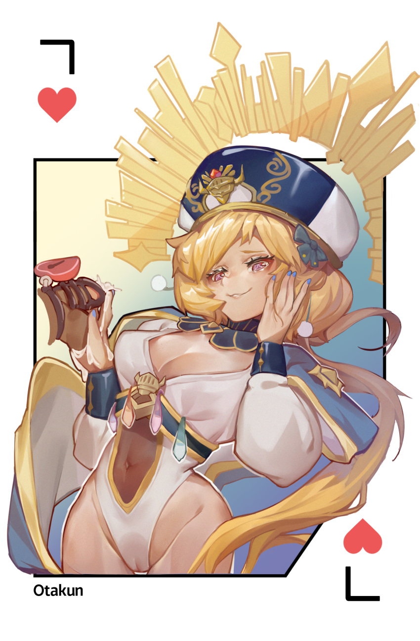 1girl absurdres artist_name bangs blonde_hair blue_nails breasts chosen_one's_archpriestess_veronica cleavage condom condom_belt covered_navel cum guardian_tales hair_ornament handjob hat heart highres leotard long_hair medium_breasts otakun pink_eyes smug used_condom