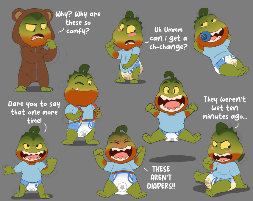 2022 absurd_res anthro baltnwolf_(artist) blue_clothing blue_shirt blue_topwear blush bodily_fluids clothing dialogue diaper dreamworks embarrassed english_text fish genital_fluids grey_background happy hi_res jumping male marine mr._piranha_(the_bad_guys) onesie pacifier peeing piranha_(fish) serrasalmid shirt simple_background smile smirk soggy_diaper solo suspenders text the_bad_guys topwear urine wet_diaper wetting