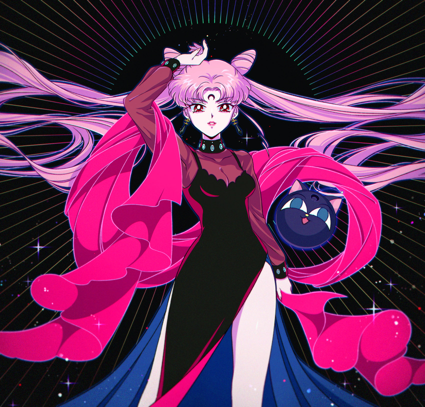 1girl arm_up bangs bishoujo_senshi_sailor_moon black_lady breasts choker cleavage cowboy_shot crescent crescent_facial_mark double_bun dress earrings ekusiun facial_mark forehead_mark highres holding jewelry lips long_hair long_sleeves looking_at_viewer luna-p parted_lips pink_hair red_eyes see-through see-through_sleeves side_slit small_breasts standing stole