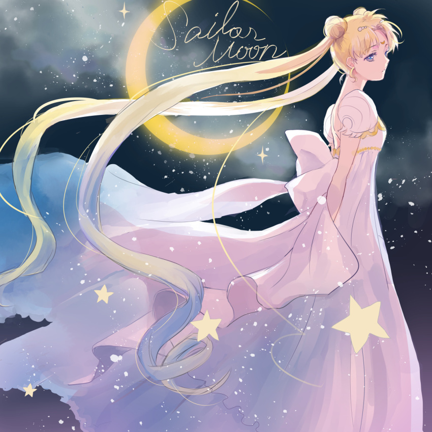 1girl bishoujo_senshi_sailor_moon blonde_hair blue_eyes bow copyright_name crescent crescent_facial_mark crescent_moon double_bun earrings facial_mark feet_out_of_frame forehead_mark highres jewelry long_hair looking_at_viewer moon princess_serenity puffy_short_sleeves puffy_sleeves sailor_moon short_sleeves solo standing star_(sky) star_(symbol) takayo_(retry) tsukino_usagi twintails very_long_hair white_bow