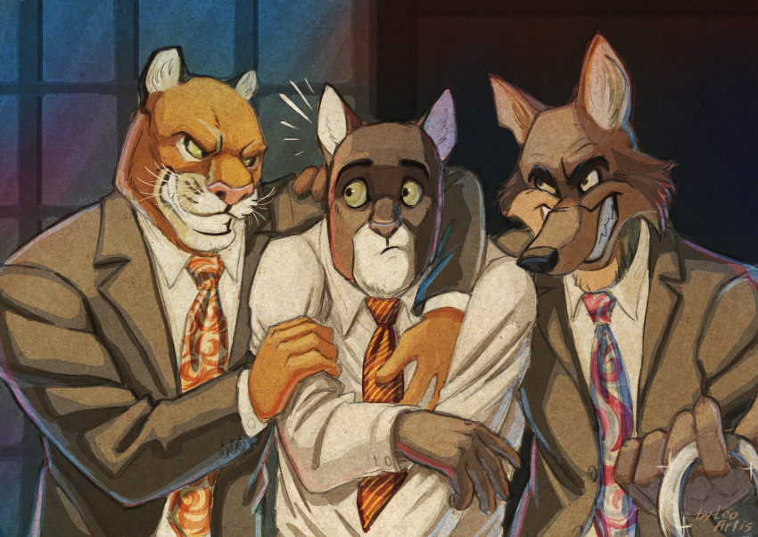 absurd_res anthro arrest blacksad canid canine canis clothing comic cougar coyote cuff_(restraint) detective domestic_cat fbi_agent felid feline felis graphic_novel group handcuffs hi_res john_blacksad leo-artis male male/male mammal metal_cuffs necktie restraints shirt smile suit topwear trio wolf