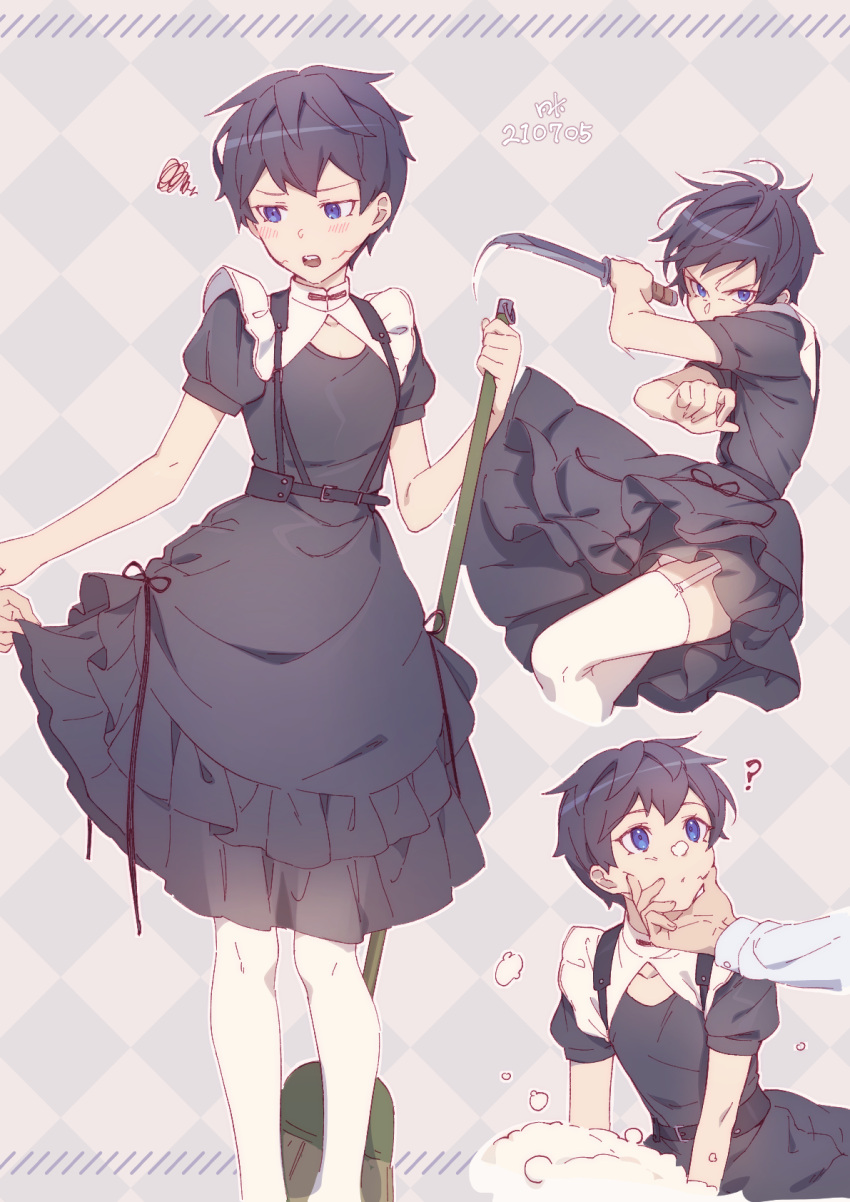 1boy ? belt black_dress black_hair blue_eyes blush broom clothes_lift covered_mouth cracked_skin cropped_legs curious dagger dated dress dress_lift embarrassed feet_out_of_frame frilled_dress frills garter_straps grabbing_another's_chin hand_on_another's_chin hand_up highres holding holding_broom holding_dagger holding_weapon kiyonagi knife lifted_by_another long_sleeves looking_at_another looking_at_viewer looking_away looking_down looking_to_the_side male_focus multiple_views open_mouth original otoko_no_ko out_of_frame puffy_short_sleeves puffy_sleeves pushing_away reverse_grip ribbon scar scar_on_cheek scar_on_face short_hair short_sleeves slashing soap_bubbles squiggle standing thighhighs weapon white_legwear