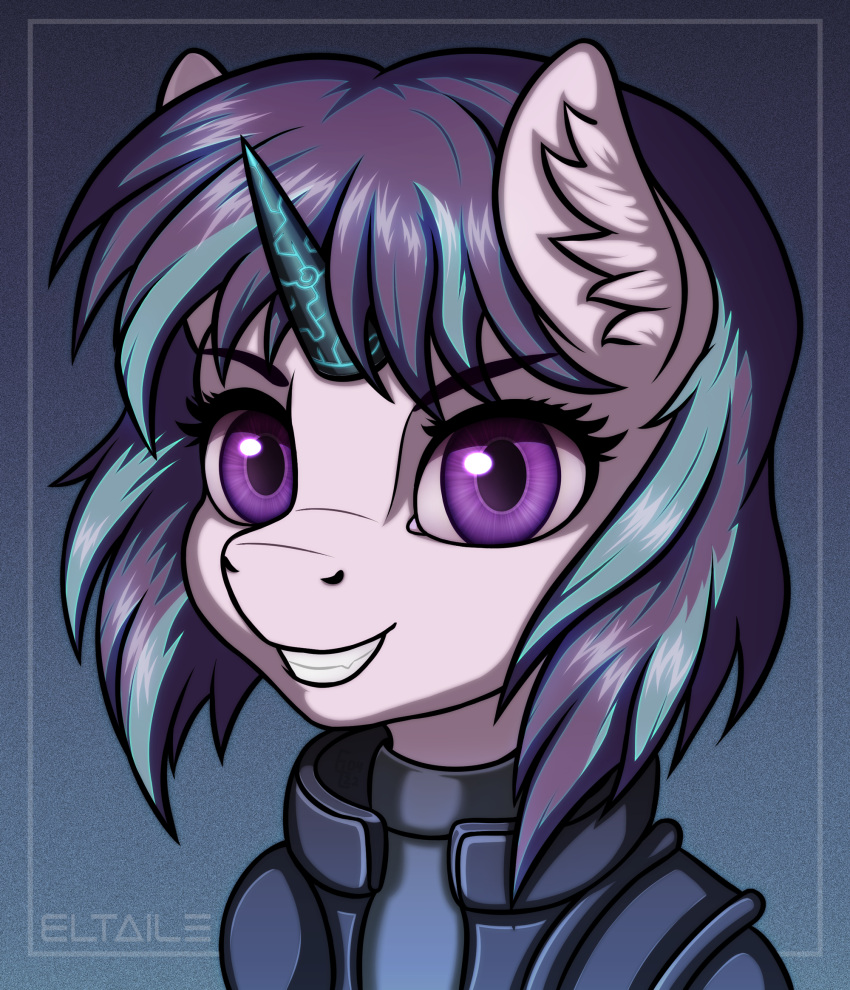 ambiguous_form bust_portrait cosplay crossover cyberpunk eltaile equid equine female friendship_is_magic ghost_in_the_shell hasbro hi_res horn horse major_motoko_kusanagi mammal my_little_pony pony portrait smile solo starlight_glimmer_(mlp) unicorn