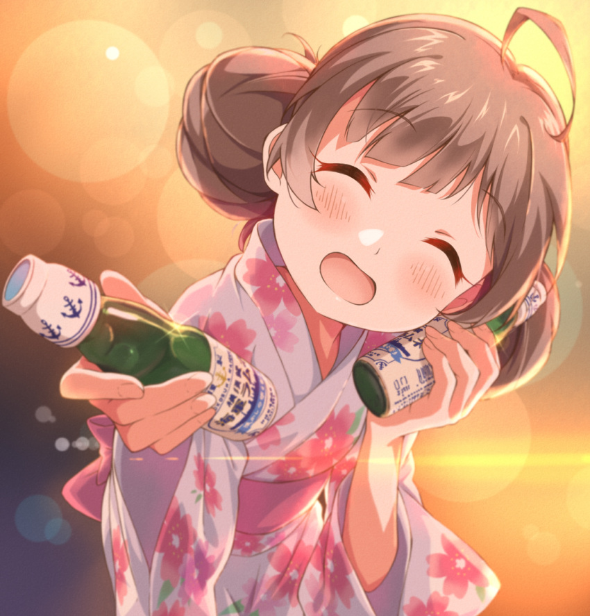 1girl ahoge alcohol bangs blush brown_hair commentary_request drink eyebrows_visible_through_hair facing_viewer floral_print hakozaki_serika head_tilt holding holding_drink idolmaster idolmaster_million_live! japanese_clothes kimono lens_flare liquor open_mouth reaching_out solo toma_(shinozaki) twintails yukata