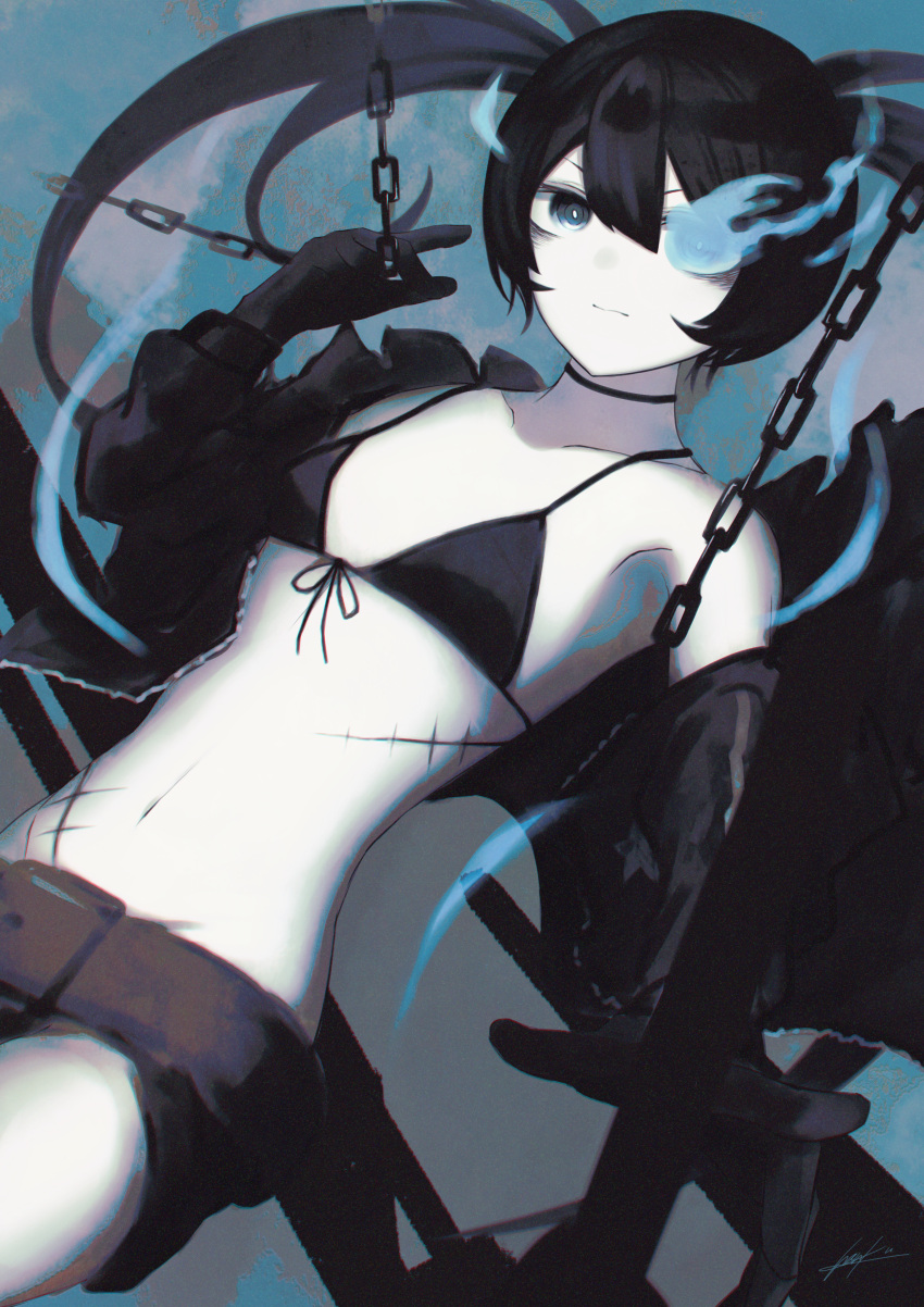 1girl absurdres bangs belt belt_buckle bikini bikini_top_only black_belt black_bikini black_coat black_gloves black_hair black_ribbon black_rock_shooter black_rock_shooter_(character) black_shorts blue_background buckle chain closed_mouth coat collarbone flaming_eye flat_chest floating_hair front-tie_bikini front-tie_top gloves grey_eyes groin highres long_hair midriff navel open_clothes open_coat ribbon scar short_shorts shorts signature solo stomach sutorobo72 swimsuit twintails